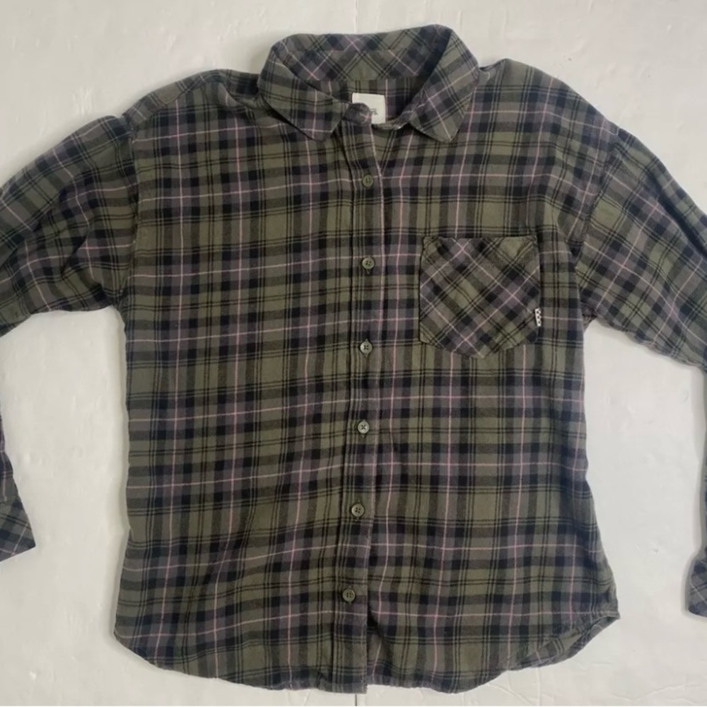 Green and pink plaid button down long sleeve shirt